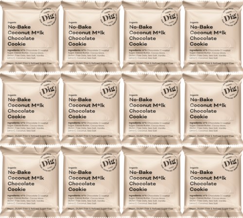 Multiple packets of organic coconut M*lk chocolate cookies arranged in a grid pattern.
