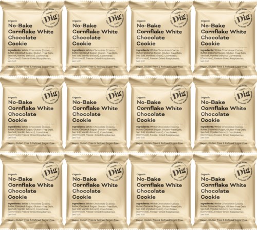 Packaging of No-Bake Cornflake White Chocolate Cookie snacks with a beige and black label design.