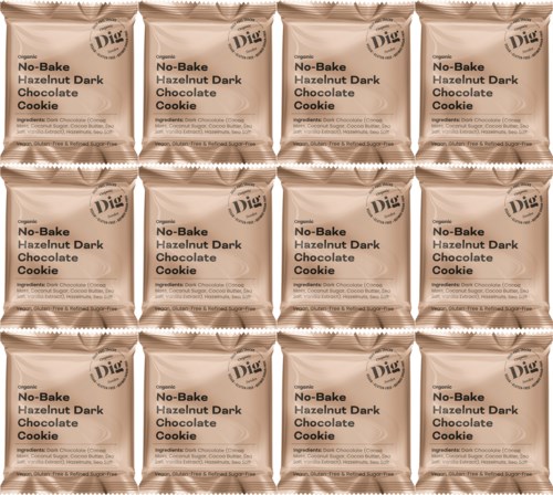 Multiple packages of No-Bake Hazelnut Dark Chocolate Cookies stacked in rows.