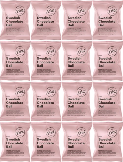 A dozen pink packages labeled 'Swedish Chocolate Ball' in four rows and four columns.