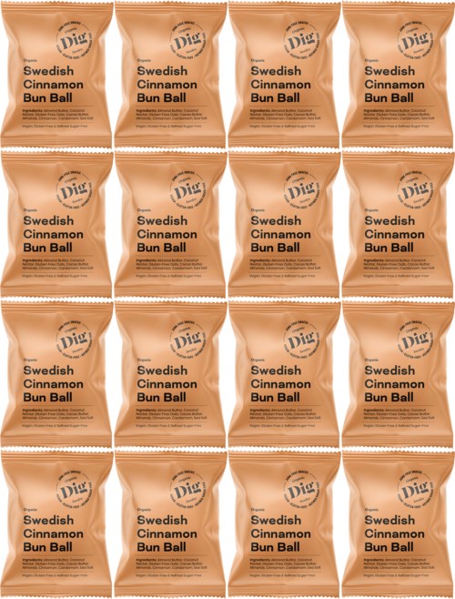 Multiple snack packages labeled "Swedish Cinnamon Bun Ball." Each package appears golden with black text and a logo.