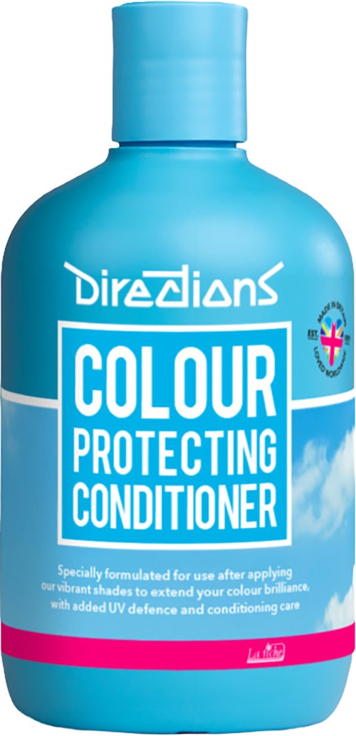 Blauwe fles met witte en roze labels. Het is een kleurbeschermende conditioner voor haar. Het label vermeldt UV-bescherming.
