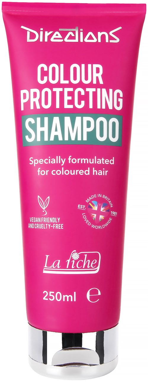 Pink schampo tub med vit och teal text, nämner färgbeskydd, vegansk, cruelty-free och 250 ml storlek.