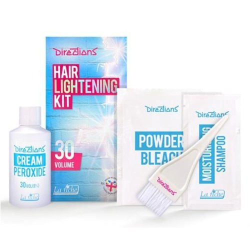 Set of hair lightening products including cream peroxide, powder bleach, shampoo, and brush for application.