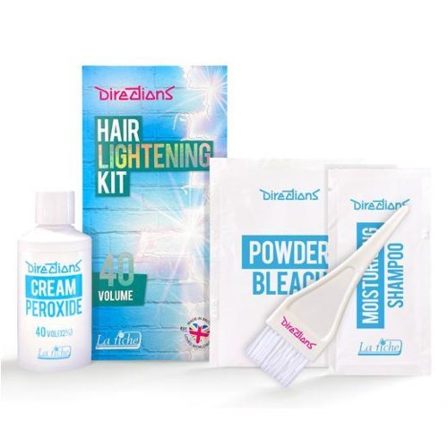 A hair lightening kit with peroxide cream, bleaching powder, shampoo, and an application brush.