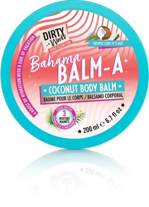 Eine runde türkise Verpackung mit rosa und weißen Etikett, steht 'Bahama BALM-A' Kokos-Body-Balm, 200ml, tropischer Duft.