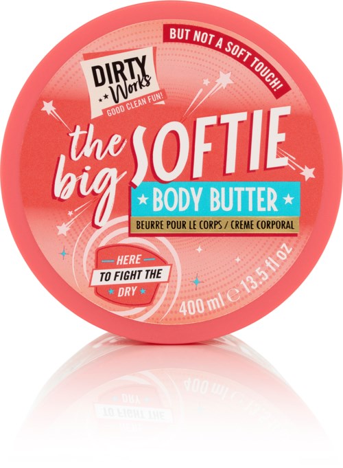 Ein runder Behälteraufkleber für Body Butter mit pink, weiß und blau, enthält Produktdetails und Slogans.