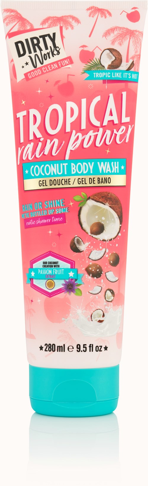 Kokos-Körperwäsche in einer pinken und türkisfarbenen Tube, mit Palmen und Wassertropfen, bezeichnet als tropische Regenkraft.