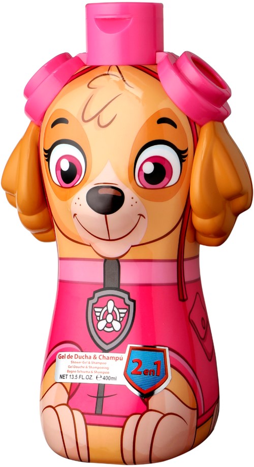 A pink and orange dog-shaped bottle with a cartoon face, pink headphones, and a label saying '2 in 1'.