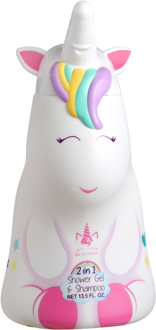 A cute unicorn-shaped bottle with a colorful mane, closed eyes, and a happy face for shower gel and shampoo.