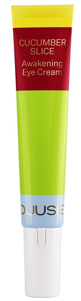 Eine Tube Augencreme mit der Aufschrift 'Cucumber Slice Awakening Eye Cream' in Gelb, Rot, Grün, Blau und Weiß.