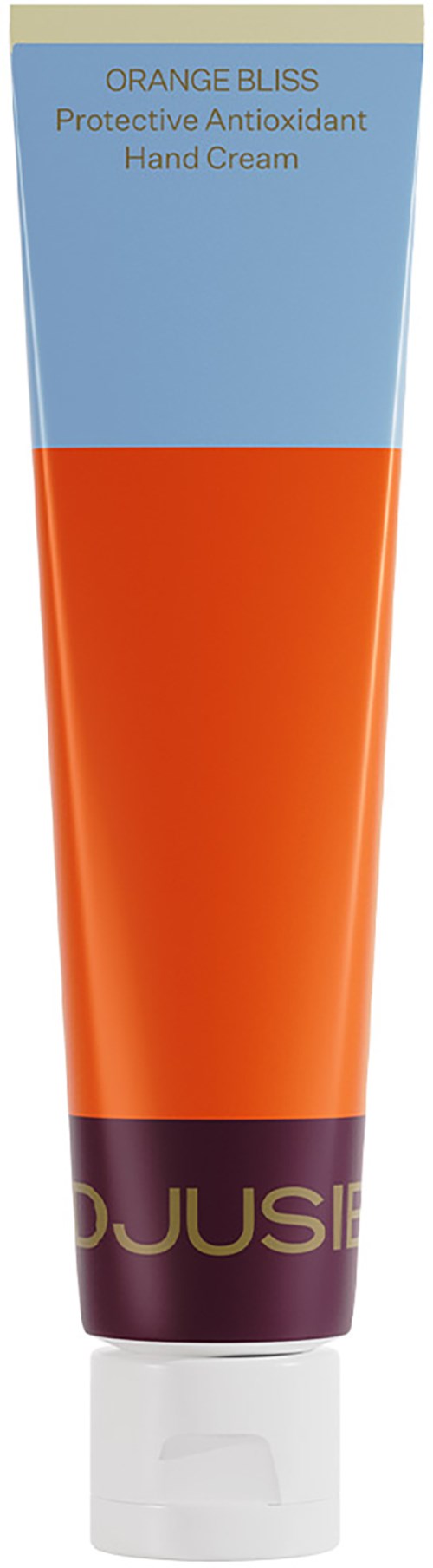 Eine Tube Handcreme mit der Aufschrift 'Orange Bliss', in Orange, Hellblau, Lila und Weiß.