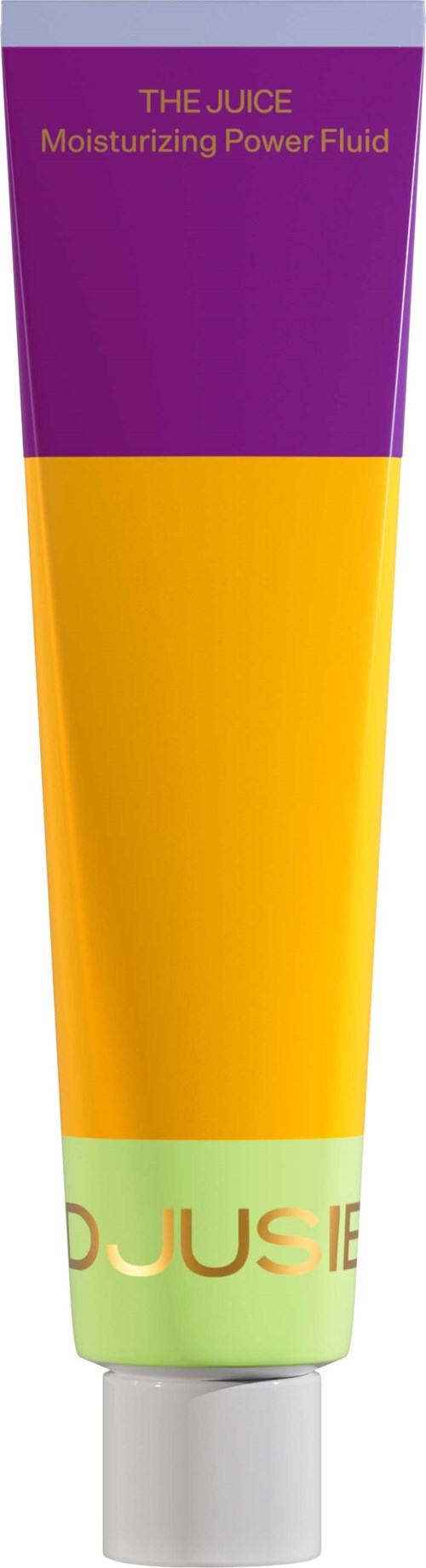 Eine Tube mit lila, gelber und grüner Sektion, beschriftet "The Juice" und "Moisturizing Power Fluid."