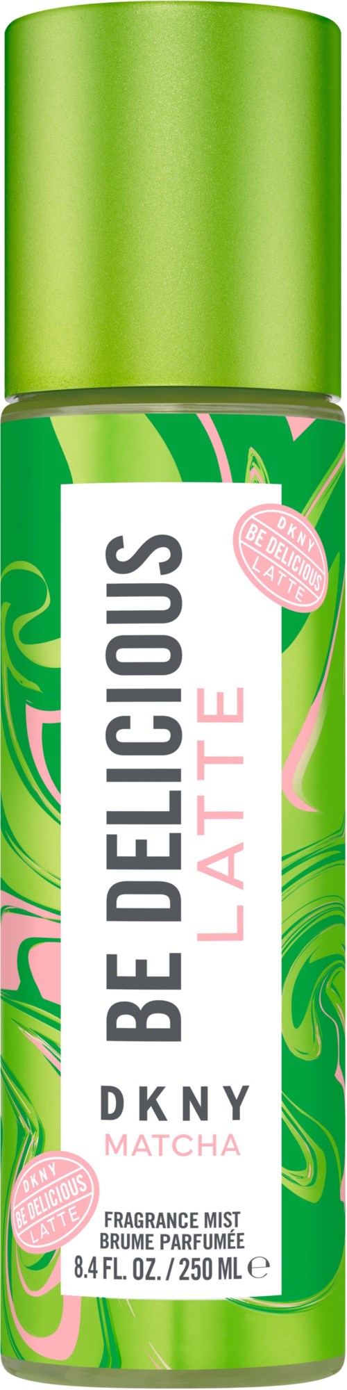 Eine grüne Sprühflasche mit Be Delicious Latte und DKNY Matcha Duft.