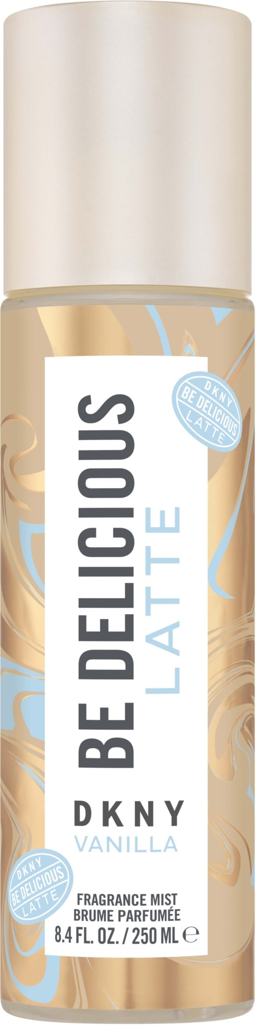 Een sprühfles met Be Delicious Vanilla geurstijl, 8,4 fluid ounce, met witte dop en decoratief ontwerp.