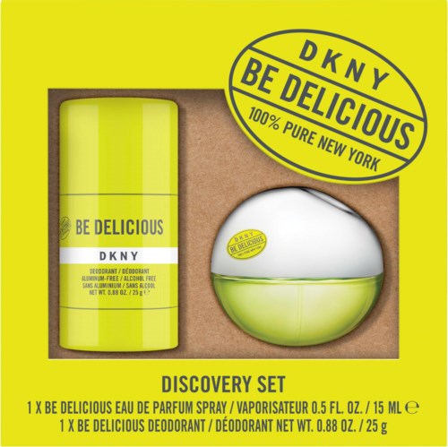 Een DKNY ontdekkingsset met een groene deodorant en een ronde container, alles in gele verpakking. Inclusief stickertje.