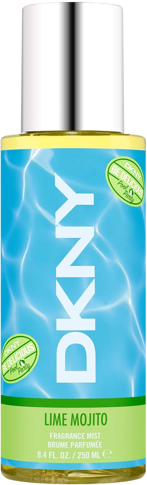 Een sprayfles met merk "DKNY" en geur "LIME MOJITO", blauw en groen, watergolfontwerp.