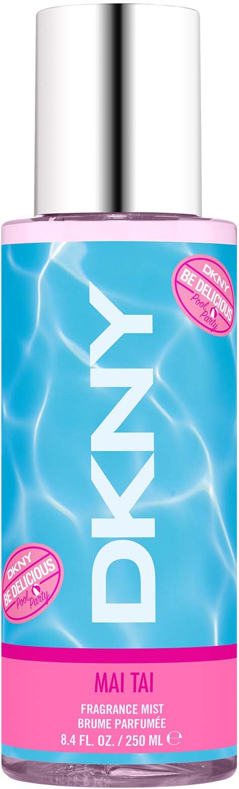 Een sprayfles met DKNY en een roze en blauwe ontwerp, het is een geur mist.