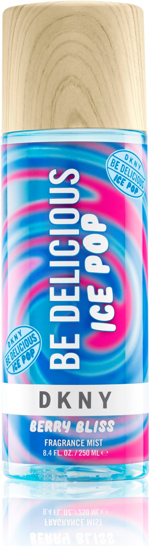 Een geurstift met houten dop, kleurrijk swirl-etiket en de woorden "Be Delicious Ice Pop" en "Berry Bliss."