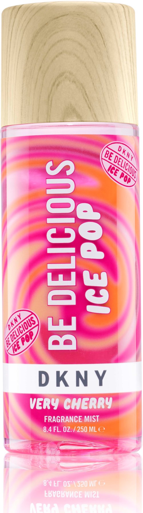 Een roze geurstoom met houten dop, labeled 'DKNY Very Cherry' en 'Ice Pop', met een spiraalontwerp.