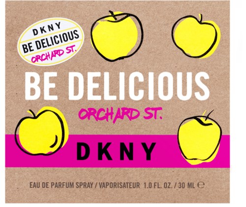 DKNY-hajuvesilabeli, jossa on keltaisia omenoita, pinkki ja mustia tekstejä Orchard St.:stä ja tuoksusta.