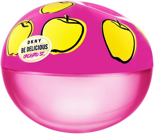 Een roze ronde container met gele appelschilderingen en een sticker met de tekst "DKNY Be Delicious" en "Orchard St.".