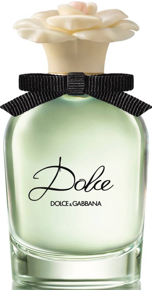 Een parfumfles met een crèmekleurige bloemkap en een zwart strikje, met het label 'Dolce & Gabbana.'