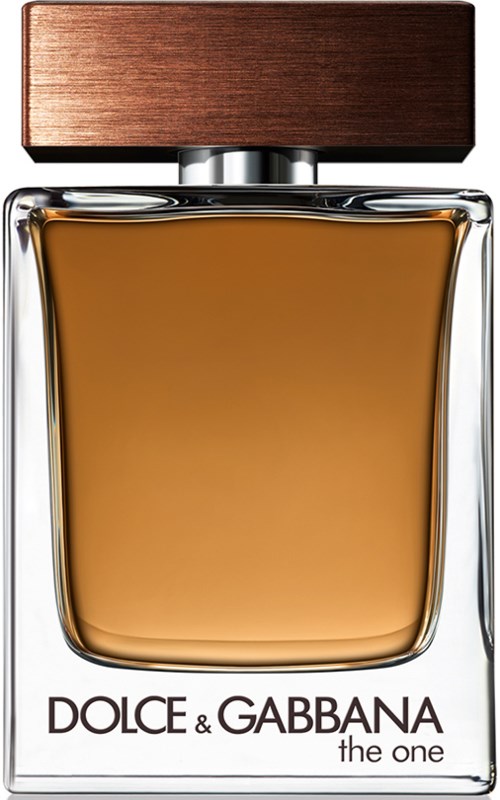 Een parfumfles met houten dop, gevuld met amberkleurige parfum, gelabeld 'DOLCE & GABBANA the one.'