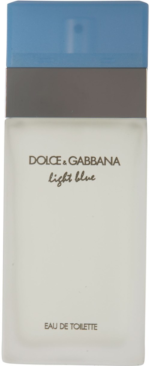 En parfymflaska med blå lock, grå band och vit kropp märkt Dolce Gabbana Light Blue Eau de Toilette.