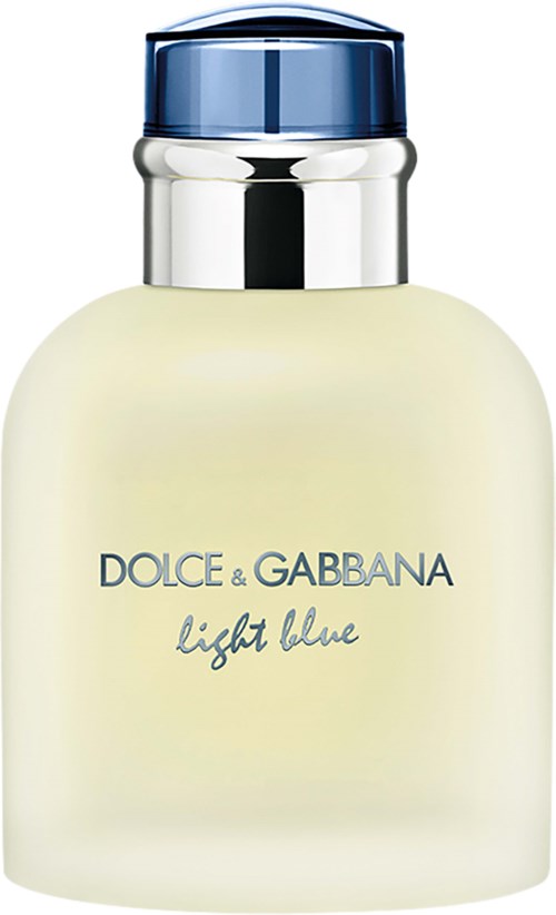 En parfymflaska med ljusblå och vit färg, märkt "DOLCE & GABBANA light blue," med ett glänsande silverlock.