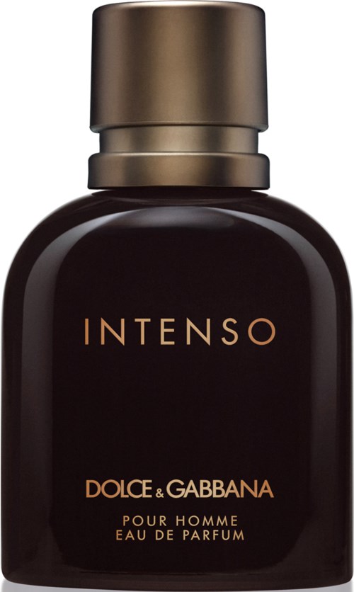 Een donkerbruine parfumfles met een gouden dop, gelabeld 'Intenso Dolce & Gabbana, Pour Homme, Eau de Parfum.'