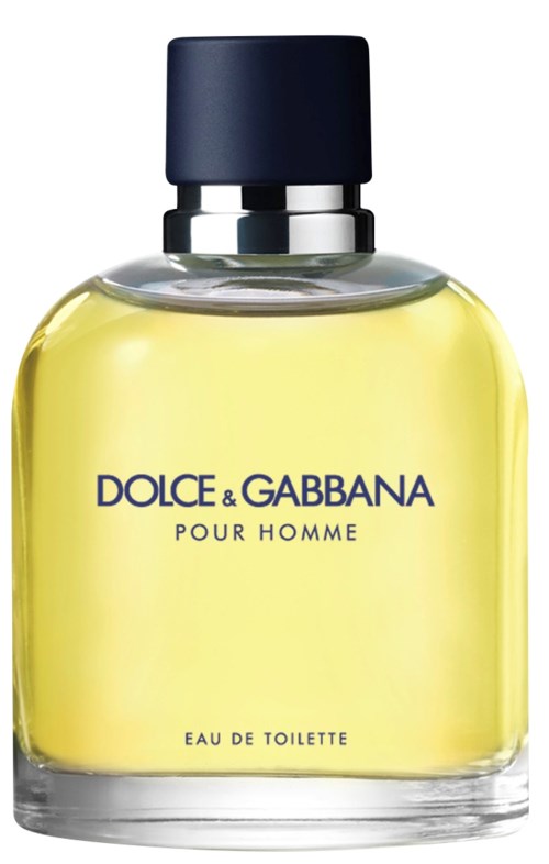 Gele parfumfles met een blauwe dop en een zwarte spray, gemerkt Dolce & Gabbana Pour Homme Eau de Toilette.