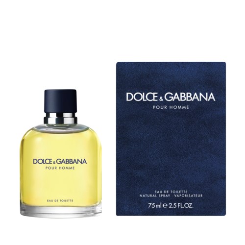 Een gele parfumfles en een bijpassende blauwe doos met witte tekst voor Dolce & Gabbana Pour Homme.