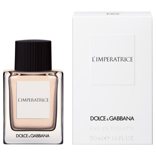 Een parfumfles en doos, beide gemerkt 'L'Imperatrice' door Dolce & Gabbana, zwart en wit.