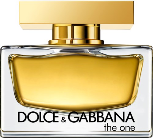 Een heldere parfumbot met een gouden dop en gele vloeistof, label 'Dolce & Gabbana The One.'