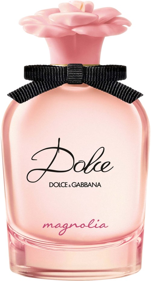 Rote ParfüfÜberflasche mit Blumenverschluss und schwarzer Schleife, gekennzeichnet Dolce von Dolce & Gabbana Magnolia.