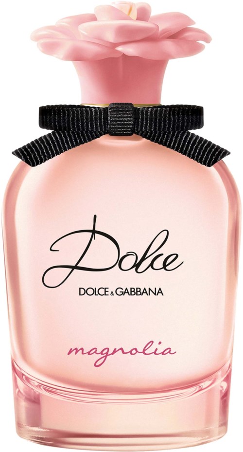 Een roze parfumfles met een zwart lint en een bloemvormige dop, gemerkt Dolce & Gabbana Magnolia.