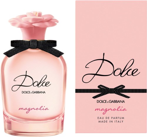 Een roze parfumfles met bloemendeksel, zwart lint en bijpassend roze doosje, gemerkt Dolce Gabbana Magnolia.