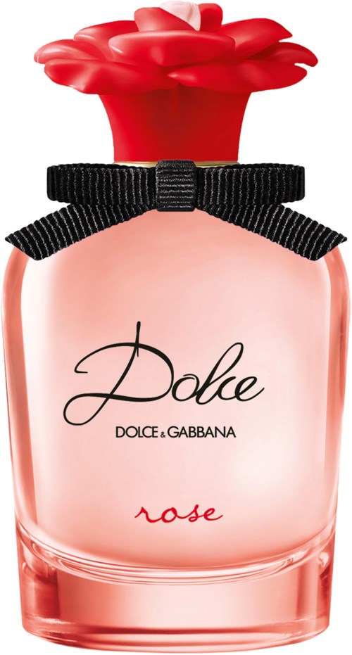 Eine rosa Parfüfeflasche mit einer blumenförmigen Kappe und einem schwarzen Band um den Hals, beschriftet 'Dolce & Gabbana Rose'.