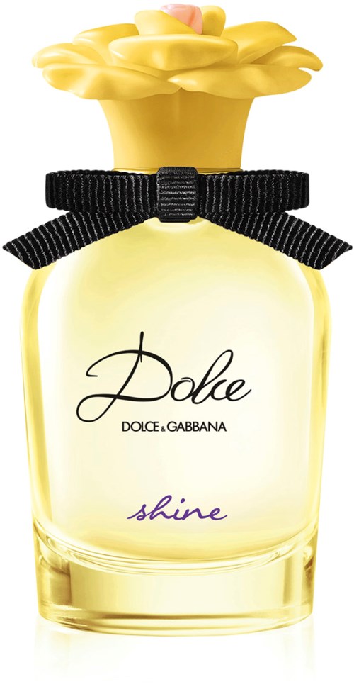 Parfyyppipullo, jonka muoto muistuttaa ruusua, ja jossa on musta nauha, nimeltä 'Dole Shine' by Dolce & Gabbana.