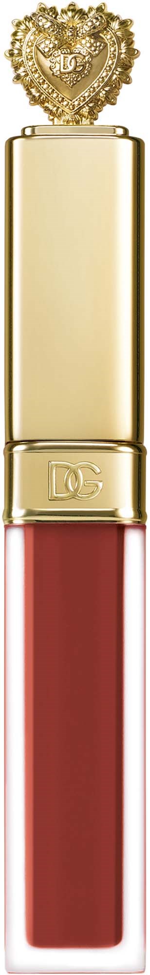A luxurious lip gloss with a gold heart decorated cap, gold accents, and a red-pink gloss inside.