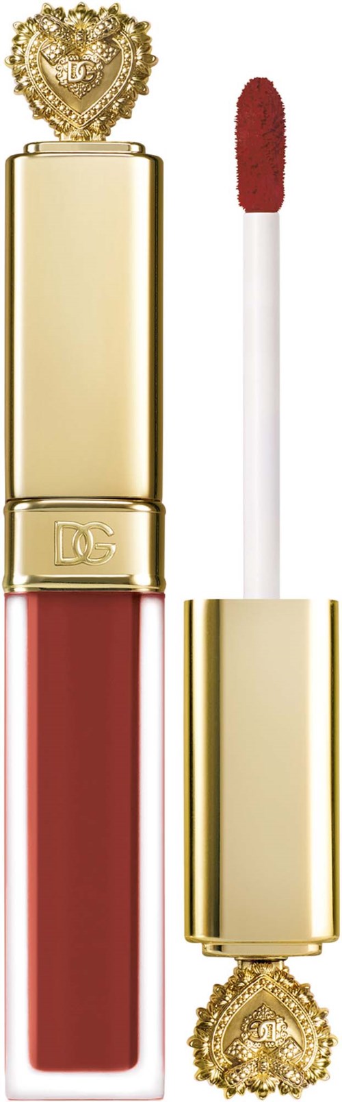 A lipstick with a gold case and decorative crown on top, showing the lipstick applicator and shade.