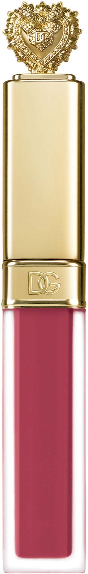 A lipstick tube with a gold cap and a heart-shaped crown on top, featuring pink lipstick.