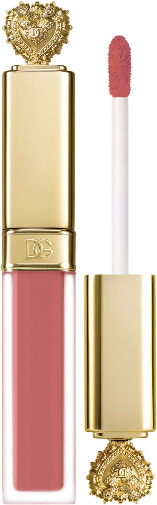 Lip gloss with gold cap and heart-shaped decoration, pink color, with applicator and shiny finish.