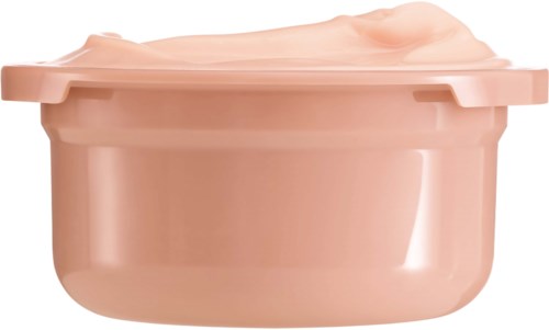 En rosa plastbehållare med lock, fylld med kräm eller lotion, ser mjuk och slät ut.