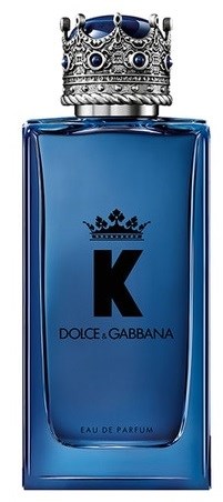 Blauwe parfumfles met een kroonvormige dop en een zwarte 'K'-logo.