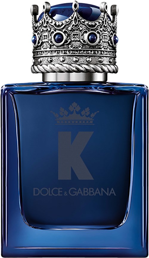 Een blauwe parfumfles met een zilveren kroonvormige deksel, grote letter "K" en de naam Dolce & Gabbana.
