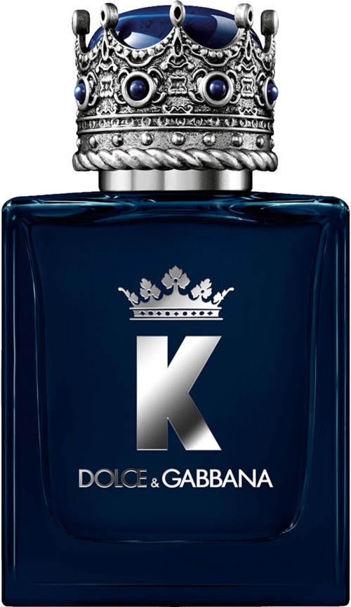Een donkerblauwe parfumfles met een zilveren kroon bovenop en een grote 'K' op de voorkant, met de naam Dolce & Gabbana.