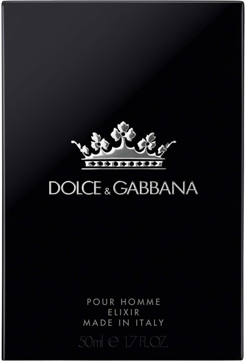 Dolce & Gabbana-logo met kroon, tekst zegt voor heren, elixir, gemaakt in Italië, 50 ml.
