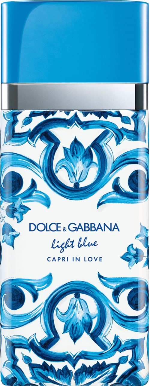 Een parfumfles met een blauwe dop en een blauw-wit versierd ontwerp op het glas. Tekst leest Dolce & Gabbana Light Blue.
